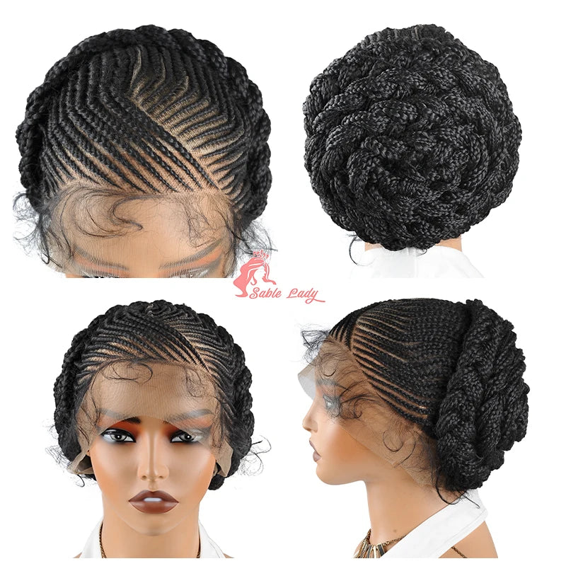 Goddess Crown Braided Wig Updo Stitch Cornrow Braids Wig HD Lace Front Glueless Braided Wigs With Bun For Black Women Baby Hair