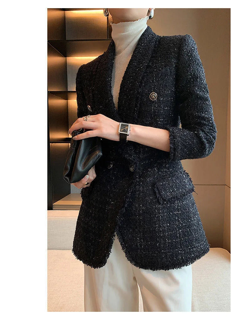 2021 autumn new style small fragrant black temperament wool small suit jacket women's self-cultivation suit blouse