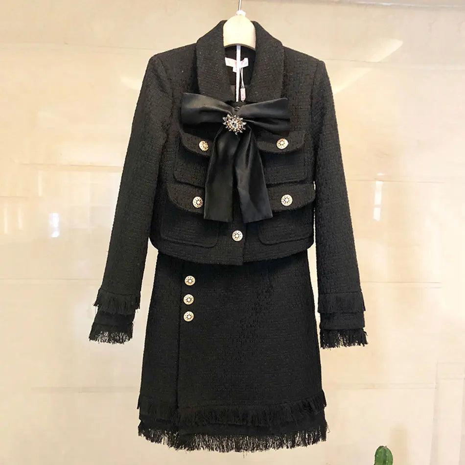 2021 Winter New Women Tweed Fringed 2 Two-Piece Set Sexy Long Sleeve V-Neck Button Coat + Short Skirt Set Vestidos Party Suit