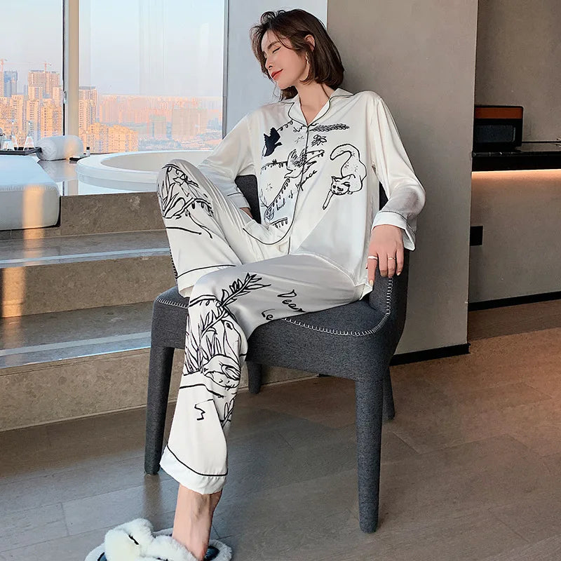 QSROCIO Women's Pajamas Set Luxury Style Fashion Natural Animal Graffiti Sleepwear Silk Like Leisure Home Clothes...