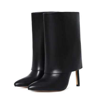 Solid Folding Design Pointed Toe Booties for Women Thin High Heel Slip-on Short Shoes Fashion Western Plus Size 43 Ankle Boots