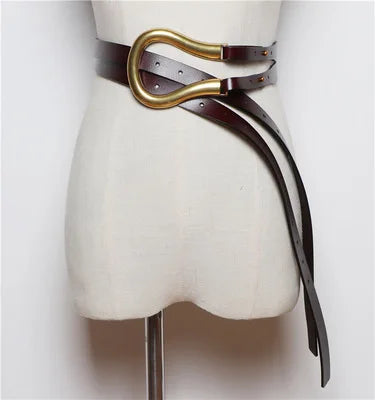 NEW Genuine Leather double Belts Luxury Metal U Buckle belt women girls retro vintage large belt for coat jeans black white