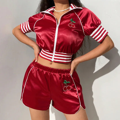 Hot Sale Women Tracksuit Fashion Cherry Embroidery Zipper Crop Top Two Pieces Short Set Sports Wear for Women - Kimlud