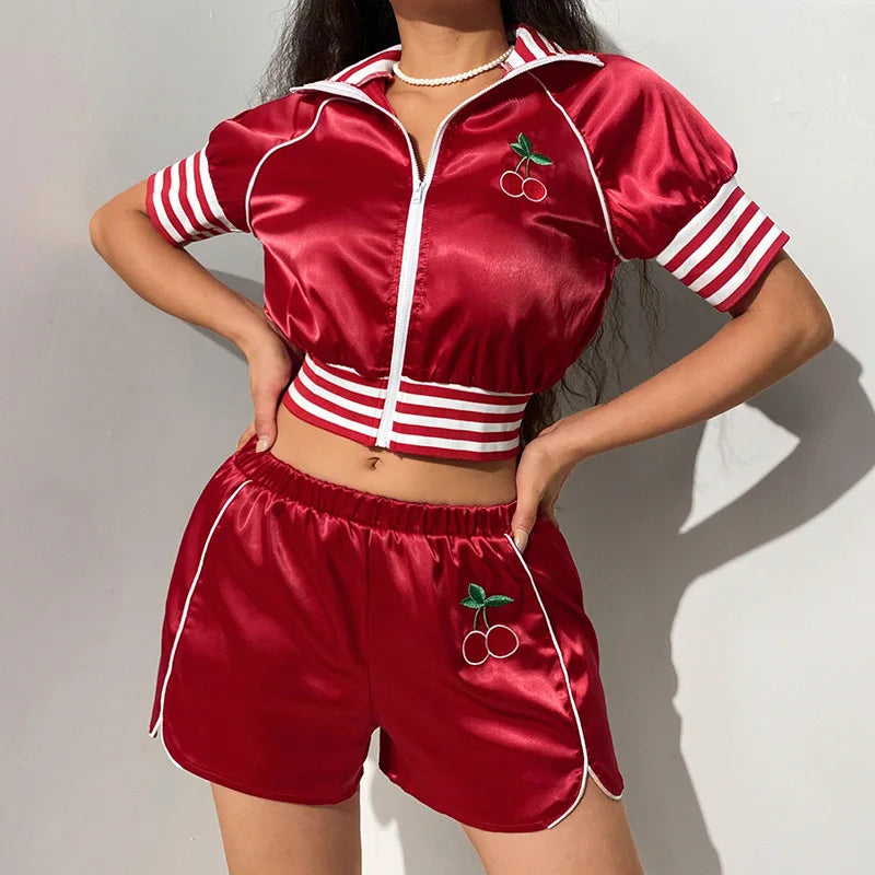 Hot Sale Women Tracksuit Fashion Cherry Embroidery Zipper Crop Top Two Pieces Short Set Sports Wear for Women - Kimlud
