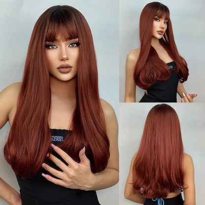 Factory Outlet MOQ 1Long Layered Brown Synthetic Wigs for Women Straight Blonde Mixed Bangs Wigs Use Heat Resistant Fiber