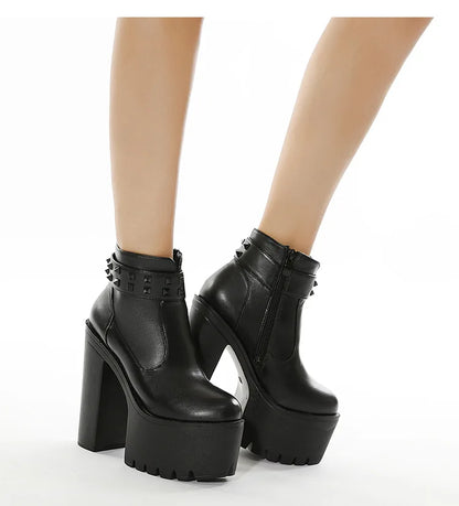Gothic Black Ankle Boots For Women Plus High Heel Female Shoes Lace-Up Nigh Club Black Sexy Rivets Short Bootsrd5
