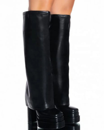 Overlay Wide Leg Fit Shoes Women High Chunky Heel Knee High Platform Boots Fold Over Square Toe Slip on Long Booties
