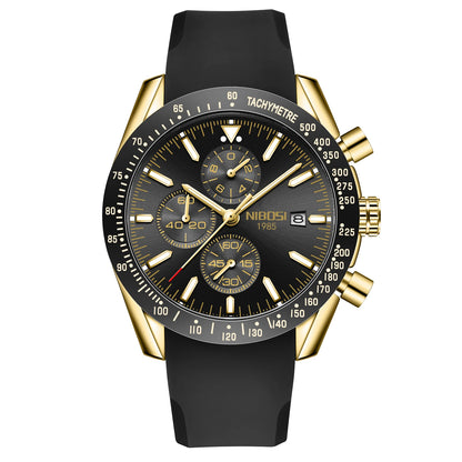 NIBOSI 2615 Business Style Men Watch Luminous Real Leather Band Wristwatch Silicone Strap Chronograph Quartz Watches