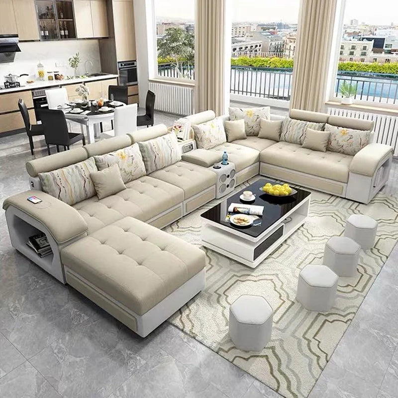 IB010 Home Living Room Microfiber Fabric Sofa with Bluetooth Speakers USB Charger Cup Holder Extendable Storage...