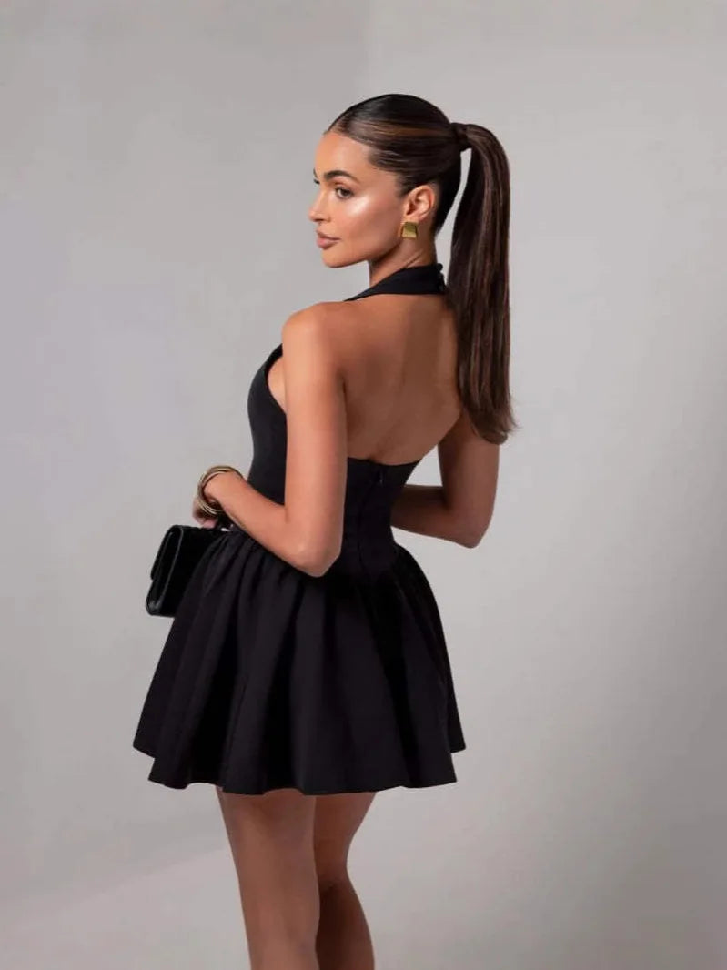 Elegant Pleated Vestidos Women 2025 Summer Halter Sleeveless Backless Mini Short Dress Sexy Club Evening Party Dresses