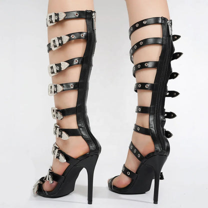 Summer Belt Buckles Women Knee High Boots High Slim Heels Open Round Toe Long Booties Sexy Punk Styles Back Zipper Dress Shoes