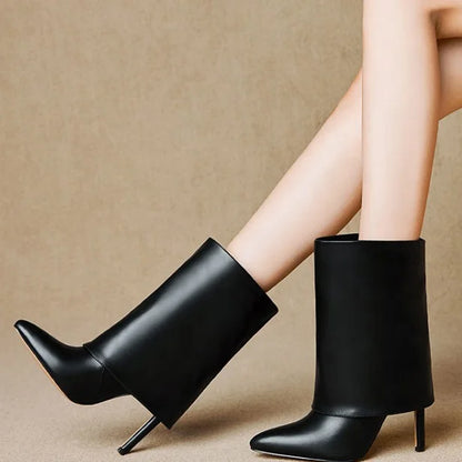 Solid Folding Design Pointed Toe Booties for Women Thin High Heel Slip-on Short Shoes Fashion Western Plus Size 43 Ankle Boots