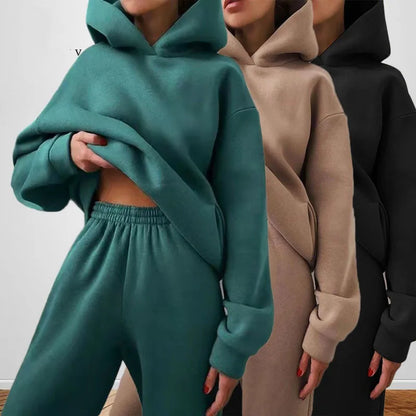 Women's Tracksuit Casual Solid Long Sleeve Hooded Sport Suits Autumn Warm Hoodie Sweatshirts and Long Pant Fleece Two Piece Sets - Kimlud
