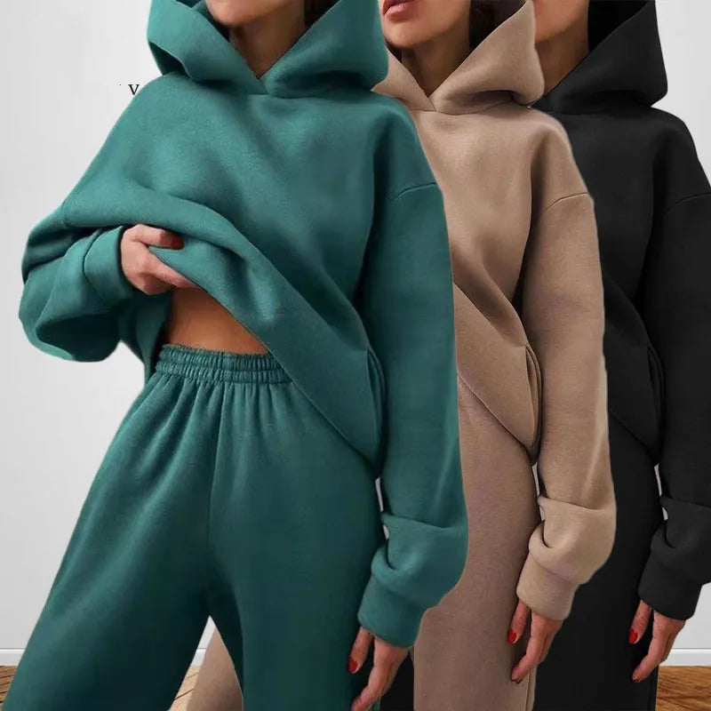 Women's Tracksuit Casual Solid Long Sleeve Hooded Sport Suits Autumn Warm Hoodie Sweatshirts and Long Pant Fleece Two Piece Sets - Kimlud