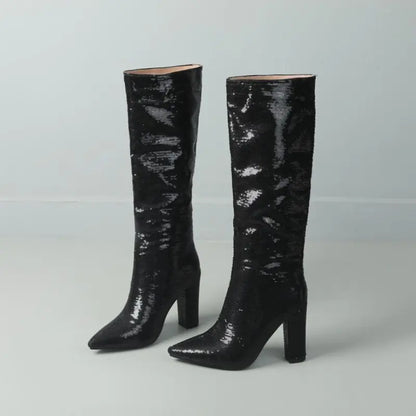 Bling New Botas Alto Chunky Heel Shoes 2025 Knee-High Women Boots