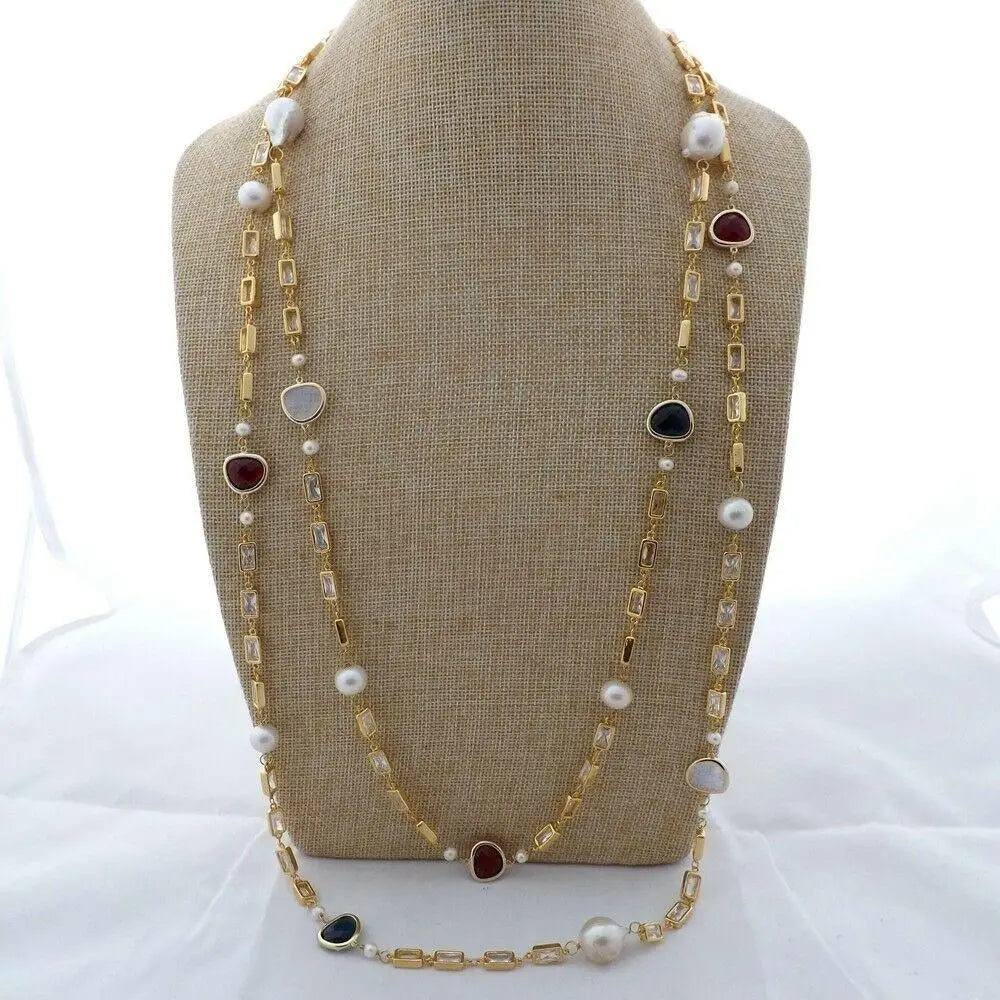 Y. Ying 70"Freshwater Cultured White Keshi Pearl Cubic Zirconia Pave Gold Color Plated Chain Long Necklace