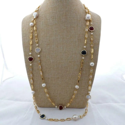 Y. Ying 70"Freshwater Cultured White Keshi Pearl Cubic Zirconia Pave Gold Color Plated Chain Long Necklace
