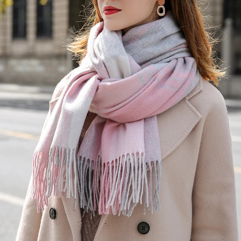 Winter 100% Lamb Wool Scarf Women Luxury Thicken Warm Shawls Wraps Checkered Pashmina Foulard Femme Plaid Cashmere...