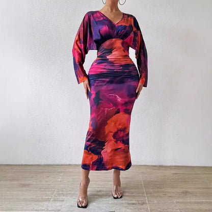 V-neck Pleated Bodycon Dress Women Sexy Slim Fit Long Sleeve Long Party Dresses for Women Wrap Guangzhou Female Dress