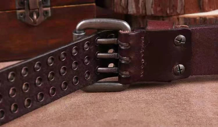 Studded Heavy Metal Style Belt Handmade Leather Pank Rock Style Men's Belt Cowhide Retro Tactical belt Jeans Belt - Kimlud