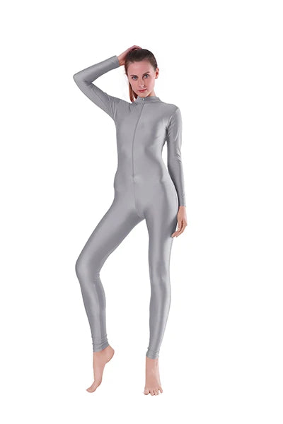 Aoylisey Women Long Sleeve Mock Neck Unitard Front Zip V-Neck Ballet Jumpsuit Dancewear Gymnastics Zentai Halloween Costume