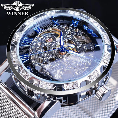 Winner Golden Watches Men Skeleton Mechanical Watch Crystal Mesh Slim Stainless Steel Band Top Brand Luxury Hand Wind Wristwatch