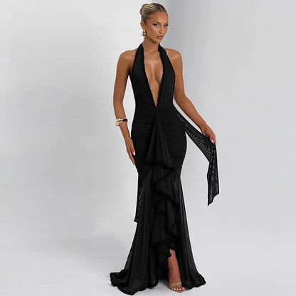 Elegant High-End Flowy Tulle Maxi Evening Gown with Ultra-Deep V-Neck & Backless Design Sexy Allure