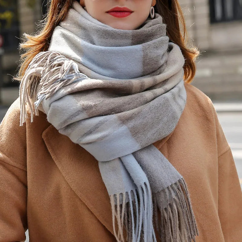 Winter 100% Lamb Wool Scarf Women Luxury Thicken Warm Shawls Wraps Checkered Pashmina Foulard Femme Plaid Cashmere...