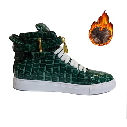 Luxury Designer Men Crocodile Pattern High Top Sneakers Glossy Patent Leather Gold Buckle Lace-up Casual Street Shoes Footwear