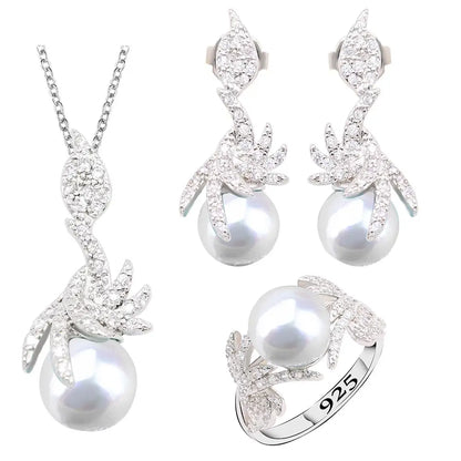 Black Pearl Silver Color Jewelry Sets for Women Earrings Necklace Pendant Ring New Arrival