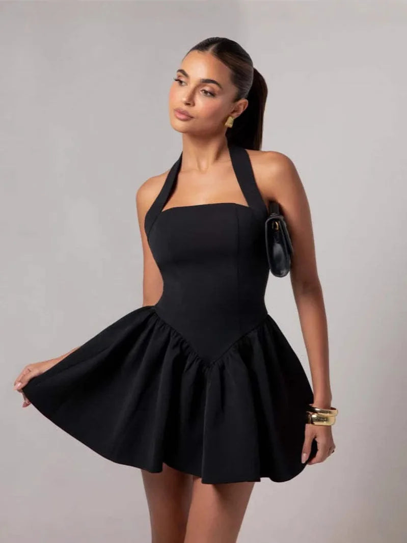 Elegant Pleated Vestidos Women 2025 Summer Halter Sleeveless Backless Mini Short Dress Sexy Club Evening Party Dresses