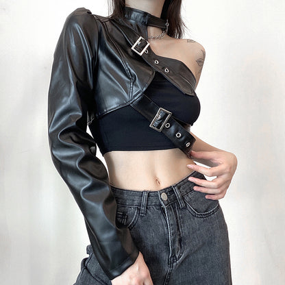 Women Fashion Punk Style Crop Tops Cool Single Long Sleeve Neck Hanger Leather Belt Connected Tops Streetwear Jackets