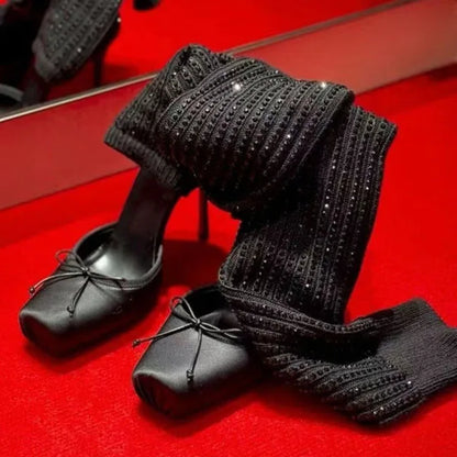 Diamonds Knitting Upper Summer High Heels Shoes Front Bow Square Toe Knee High Boots Pleated Stretchy Cut Out Socks Sandals