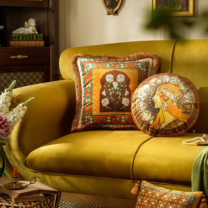 Throw Velvet Cushion Cover with Heavy Tassel,Vintage Home Decoration,Luxurious Pillowcase,Camelli Alphonse Maria Mucha...