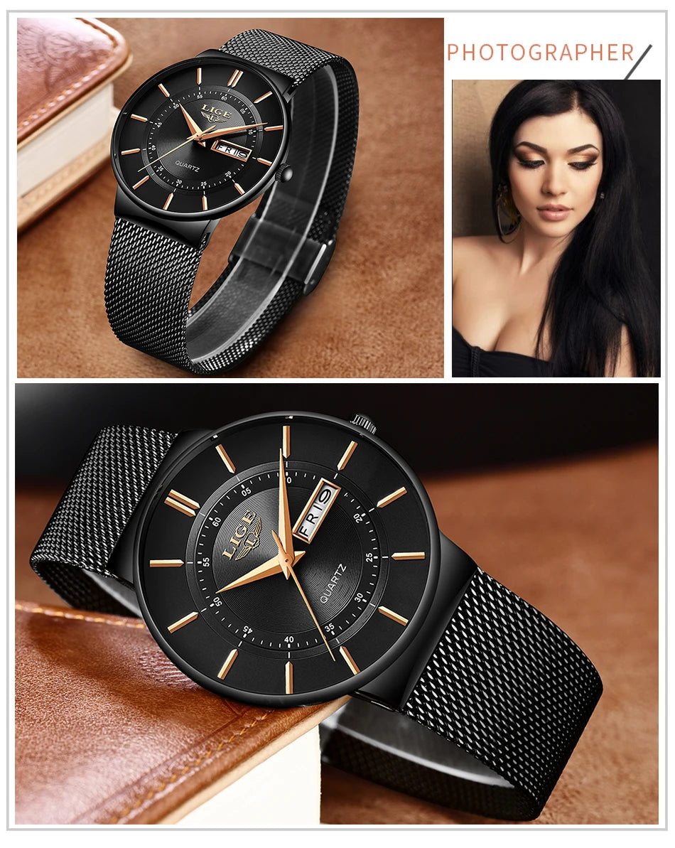 LIGE Women Watches Luxury Brand Ultra-thin Calendar Week Quartz Watch Ladies Clocks Mesh Stainless Steel Waterproof Reloj Mujer