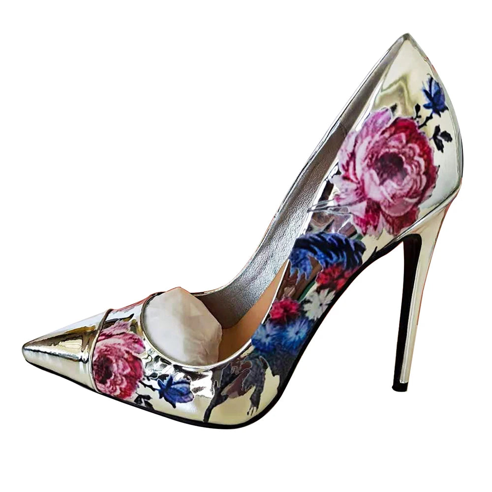 Luxury Fashion Women Pointed Toe Silver Patent Leather 3D Print Flower High Heels Party Pumps - Kimlud