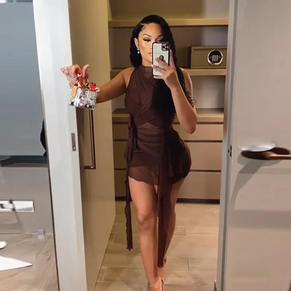 Bangniweigou Ribbon Wrap Up Draped Mesh See Through Bandage Dress Women Mummy Tie Up Bodycon High Waist Short Brown Dresses - Kimlud