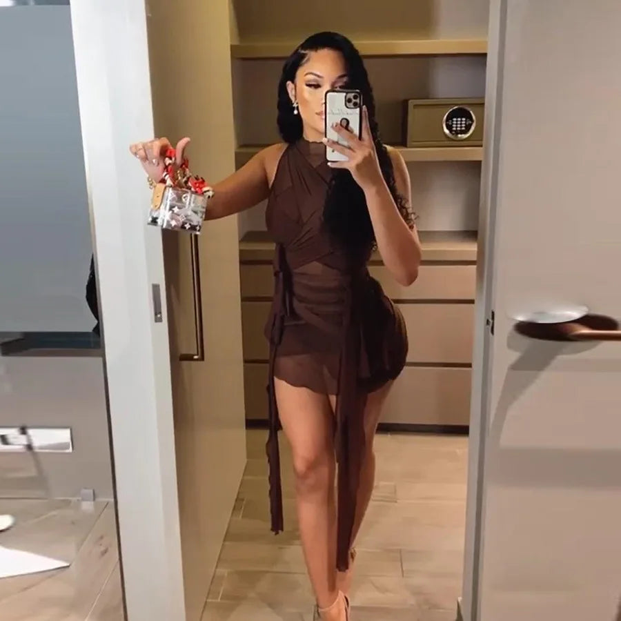 Bangniweigou Ribbon Wrap Up Draped Mesh See Through Bandage Dress Women Mummy Tie Up Bodycon High Waist Short Brown Dresses - Kimlud