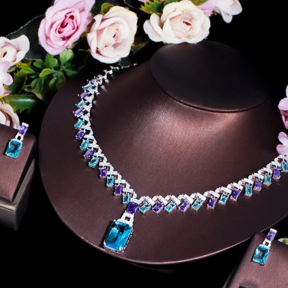 CWWZircons Beautiful Purple Blue Cubic Zircon Crystal Dangle Drop Bridal Wedding Necklace Party Jewelry Sets for Women...