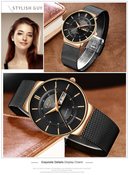 LIGE Women Watches Luxury Brand Ultra-thin Calendar Week Quartz Watch Ladies Clocks Mesh Stainless Steel Waterproof Reloj Mujer