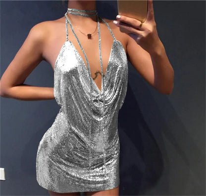 Sexy Diamond Halter Metal Party Dress 2025 Gold Silver Summer Backless Sequin Women's Dropshipping Fashion Vesitos