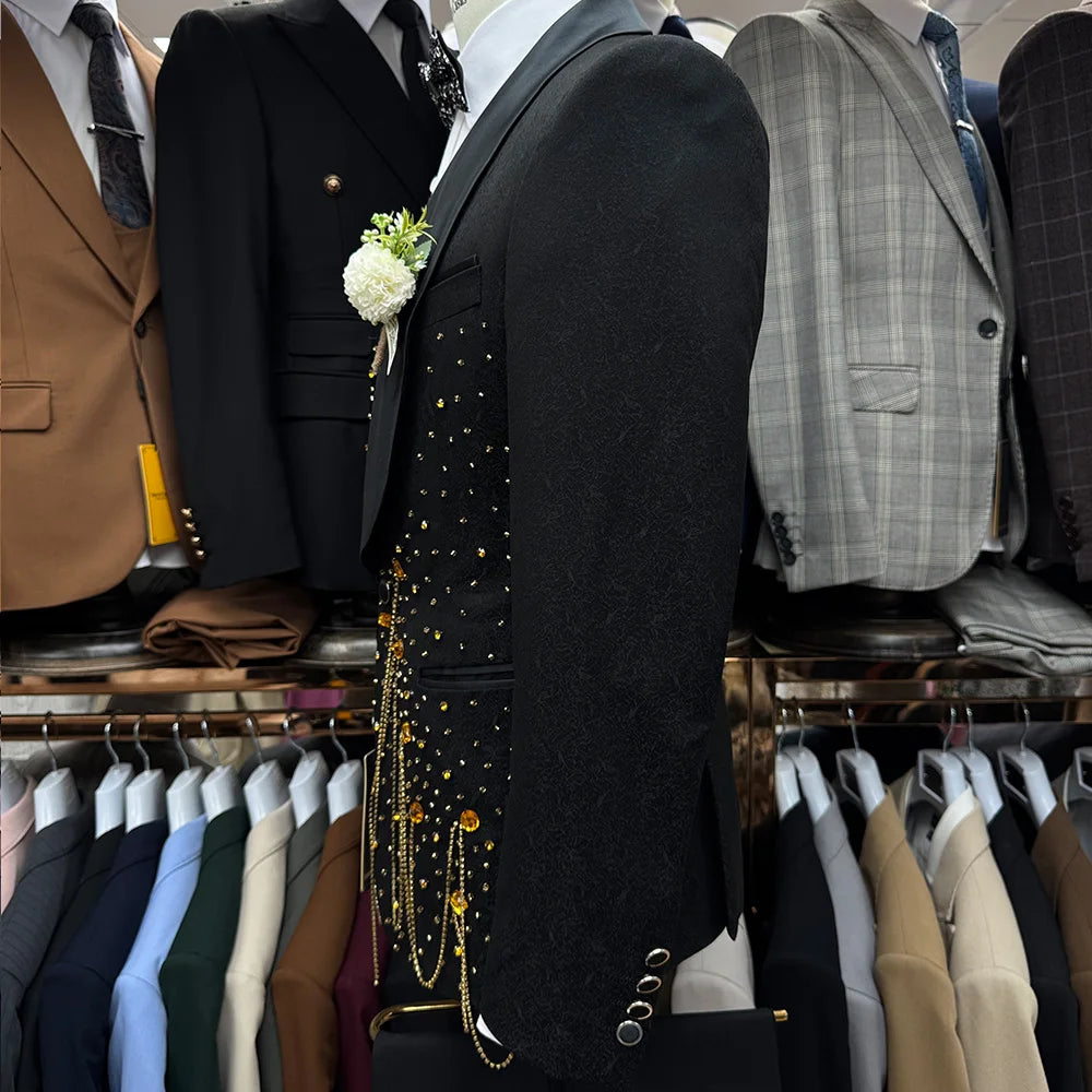 Handmade Rhinestone Beaded Men 3 Piece Suits Luxury Wedding Groom Wear Slim Fit Single Breasted Tuxedo Jacket Vest Pants Set - Kimlud