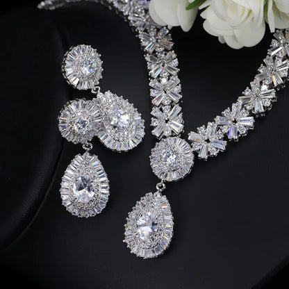 ThreeGraces Luxurious Blue Cubic Zirconia Stone Silver Color Large Bridal Wedding Earrings Necklace Jewelry Set for Women TZ775
