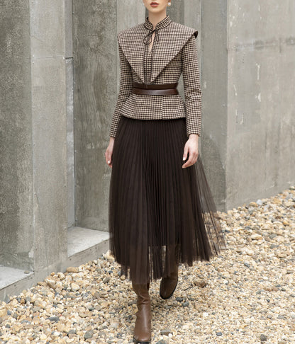 tailor shop Retro Slim and thin dark brown houndstooth winter female light luxury top and skirt Semi-Formal Dresses - Kimlud