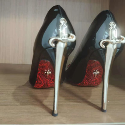 Metal Sceptre Microfiber Upper Open Toe Super High Heel Red Bottom Fine Heel Solid Color Women's Shoes Natural Rubber Outsole