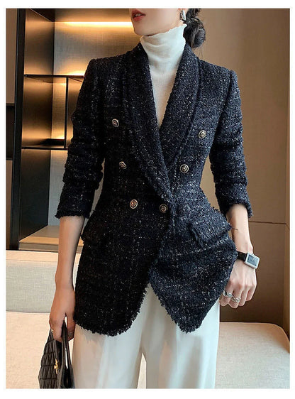 2021 autumn new style small fragrant black temperament wool small suit jacket women's self-cultivation suit blouse