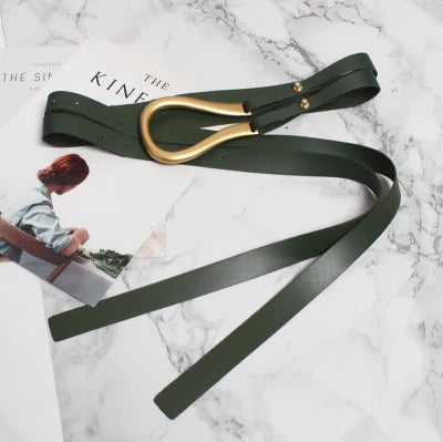 NEW Genuine Leather double Belts Luxury Metal U Buckle belt women girls retro vintage large belt for coat jeans black white