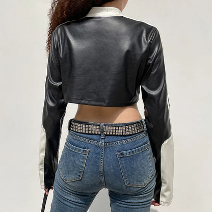Darlingaga Streetwear Punk Style Patchwork Cropped PU Leather Jacket Women Zipper Autumn Winter Jacket Contrast Color Basic Coat