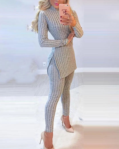 Women Winter 2pcs Suit Long Sleeve Ribbed Slit Long Top and High Waist Knitted Pencil Pants Set
