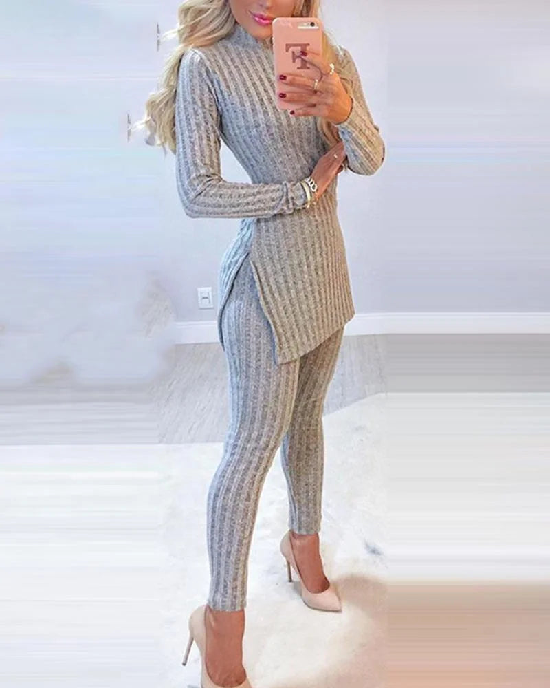 Women Winter 2pcs Suit Long Sleeve Ribbed Slit Long Top and High Waist Knitted Pencil Pants Set